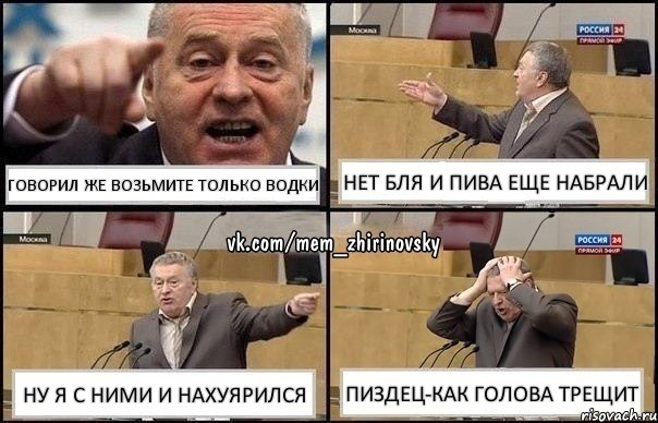 ГОВОРИЛ ЖЕ ВОЗЬМИТЕ ТОЛЬКО ВОДКИ НЕТ БЛЯ И ПИВА ЕЩЕ НАБРАЛИ НУ Я С НИМИ И НАХУЯРИЛСЯ ПИЗДЕЦ-КАК ГОЛОВА ТРЕЩИТ, Комикс Жирик