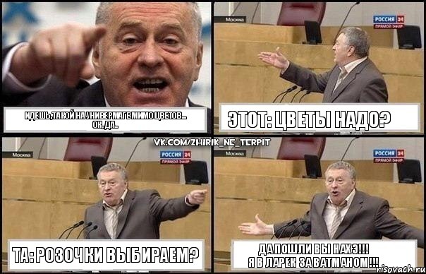 Идешь,такой на универмаге мимо цветов...
ок, да.. Этот: цветы надо? Та: розочки выбираем? Да пошли вы нахэ!!!
Я в ларек за ватманом!!!, Комикс Жириновский