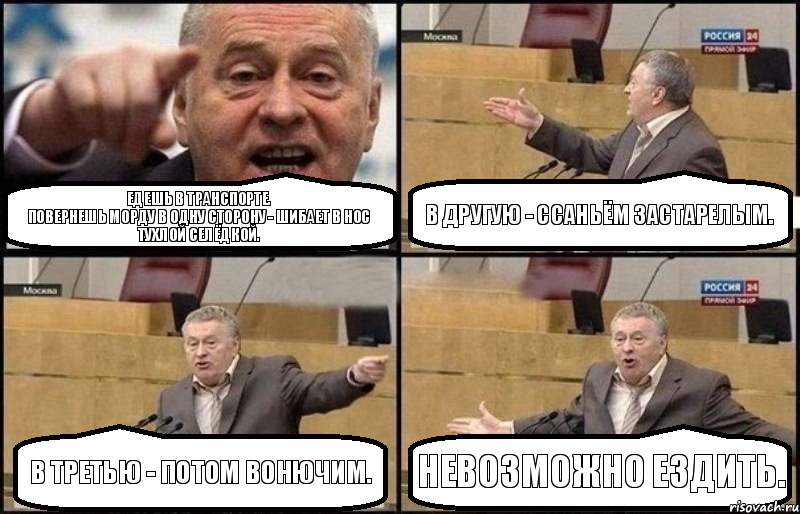 Едешь в транспорте.
Повернешь морду в одну сторону - шибает в нос тухлой селёдкой. в другую - ссаньём застарелым. в третью - потом вонючим. невозможно ездить., Комикс Жириновский