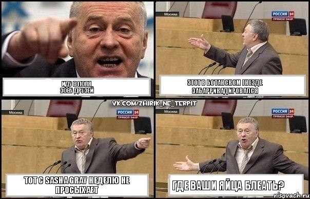 иду в поля
зову друзей этот в ботанском гнезде забаррикадировался тот с Sasha Gray неделю не просыхает где ваши яйца блеать?, Комикс Жириновский