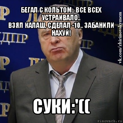 бегал с кольтом.. все всех устраивало..
взял калаш, сделал -10.. забанили нахуй! суки:'((, Мем Хватит это терпеть (Жириновский)