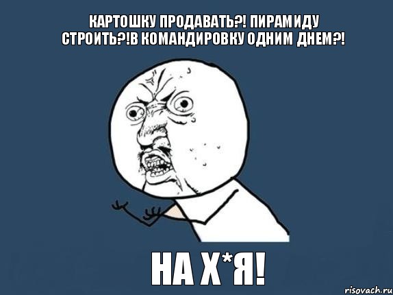 картошку продавать?! пирамиду строить?!в командировку одним днем?! на х*я!, Мем  почему мем