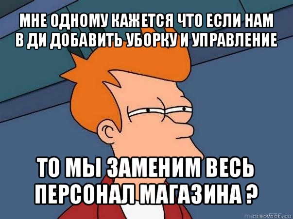 мне одному кажется что если нам в ди добавить уборку и управление то мы заменим весь персонал магазина ?, Мем  Фрай (мне кажется или)