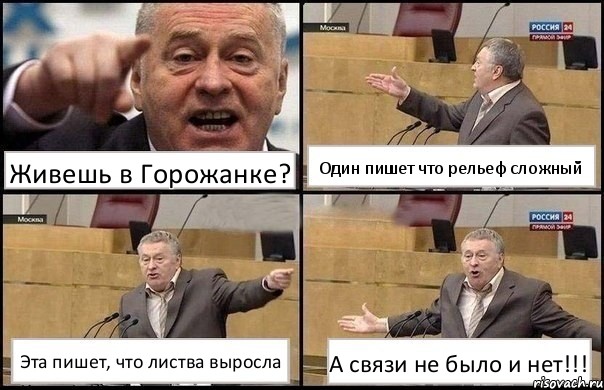 Живешь в Горожанке? Один пишет что рельеф сложный Эта пишет, что листва выросла А связи не было и нет!!!, Комикс Жириновский