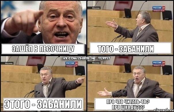 ЗАШЁЛ В ПЕСОЧНИЦУ ТОГО - ЗАБАНИЛИ ЭТОГО - ЗАБАНИЛИ ПРО ЧТО ЧИТАТЬ-ТО ?
ПРО ШКОДУ ???, Комикс Жириновский