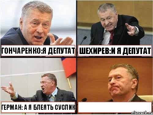 Васильев:я депутат Гончаренко:я депутат Шехирев:и я депутат Герман: а я блеять суслик 