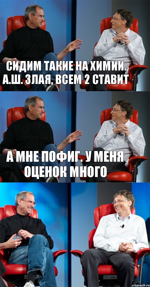 Сидим такие на химии. А.Ш. злая, всем 2 ставит А мне пофиг. У меня оценок много , Комикс Стив Джобс и Билл Гейтс (3 зоны)