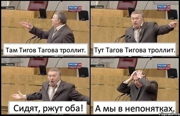 Там Тигов Тагова троллит. Тут Тагов Тигова троллит. Сидят, ржут оба! А мы в непонятках., Комикс Жирик в шоке хватается за голову