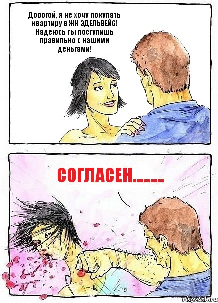 Дорогой, я не хочу покупать квартиру в ЖК ЭДЕЛЬВЕЙС! Надеюсь ты поступишь правильно с нашими деньгами! Согласен........., Комикс Бей бабу по ебалу