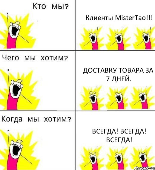 Клиенты MisterTao!!! Доставку товара за 7 дней. Всегда! Всегда! Всегда!