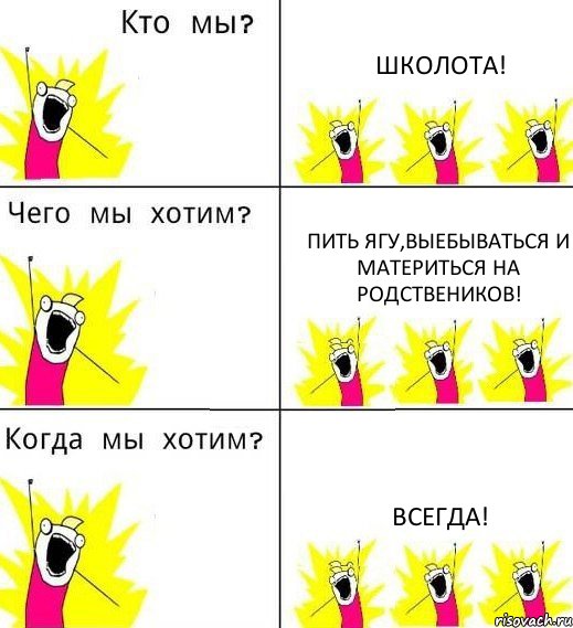 ШКОЛОТА! ПИТЬ ЯГУ,ВЫЕБЫВАТЬСЯ И МАТЕРИТЬСЯ НА РОДСТВЕНИКОВ! ВСЕГДА!