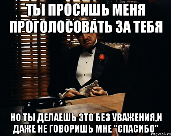 ты просишь меня проголосовать за тебя но ты делаешь это без уважения,и даже не говоришь мне "спасибо"