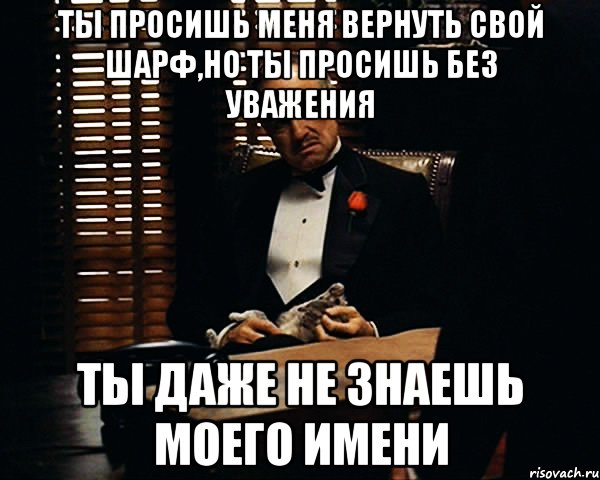 ты просишь меня вернуть свой шарф,но ты просишь без уважения ты даже не знаешь моего имени, Мем Дон Вито Корлеоне