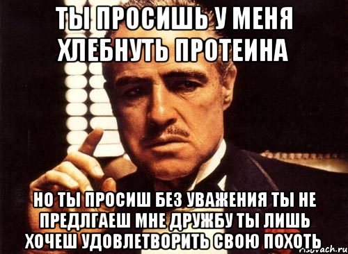 ты просишь у меня хлебнуть протеина но ты просиш без уважения ты не предлгаеш мне дружбу ты лишь хочеш удовлетворить свою похоть