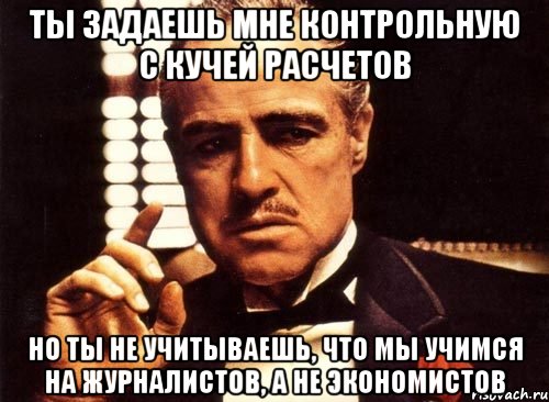 ты задаешь мне контрольную с кучей расчетов но ты не учитываешь, что мы учимся на журналистов, а не экономистов, Мем крестный отец