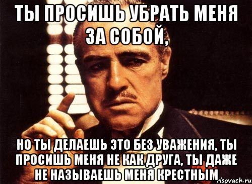 ты просишь убрать меня за собой, но ты делаешь это без уважения, ты просишь меня не как друга, ты даже не называешь меня крестным, Мем крестный отец