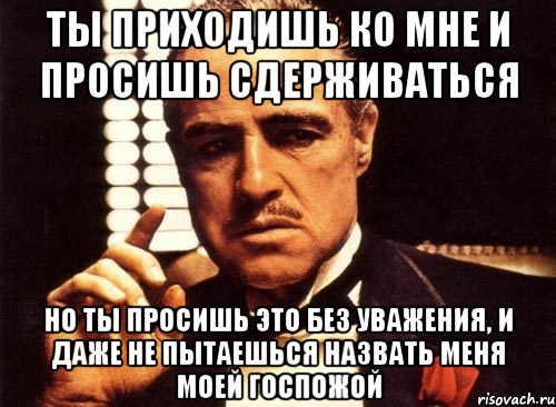 ты приходишь ко мне и просишь сдерживаться но ты просишь это без уважения, и даже не пытаешься назвать меня моей госпожой, Мем крестный отец