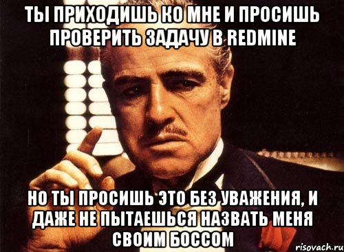 ты приходишь ко мне и просишь проверить задачу в redmine но ты просишь это без уважения, и даже не пытаешься назвать меня своим боссом