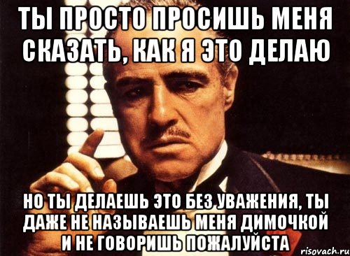 ты просто просишь меня сказать, как я это делаю но ты делаешь это без уважения, ты даже не называешь меня димочкой и не говоришь пожалуйста