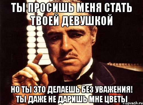 ты просишь меня стать твоей девушкой но ты это делаешь без уважения! ты даже не даришь мне цветы