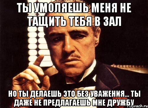 ты умоляешь меня не тащить тебя в зал но ты делаешь это без уважения... ты даже не предлагаешь мне дружбу, Мем крестный отец