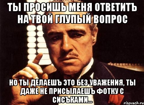 ты просишь меня ответитъ на твой глупый вопрос но ты делаешъ это без уважения, ты даже не присылаешъ фотку с сисъками..., Мем крестный отец