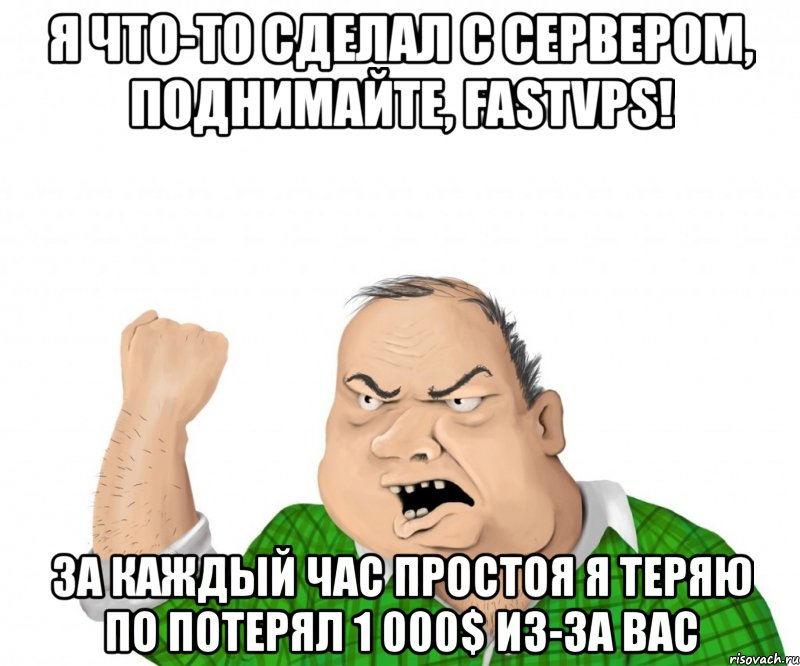 я что-то сделал с сервером, поднимайте, fastvps! за каждый час простоя я теряю по потерял 1 000$ из-за вас, Мем мужик