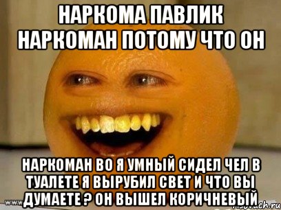 наркома павлик наркоман потому что он наркоман во я умный сидел чел в туалете я вырубил свет и что вы думаете ? он вышел коричневый