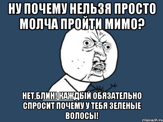 ну почему нельзя просто молча пройти мимо? нет,блин! каждый обязательно спросит почему у тебя зеленые волосы!, Мем Ну почему