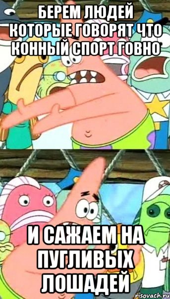 берем людей которые говорят что конный спорт говно и сажаем на пугливых лошадей, Мем Патрик (берешь и делаешь)