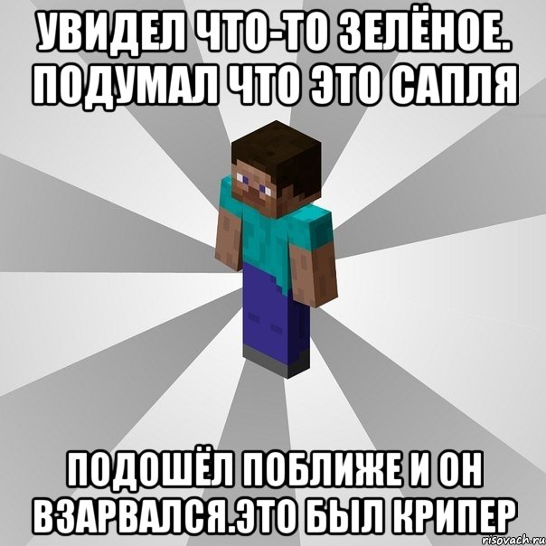 увидел что-то зелёное. подумал что это сапля подошёл поближе и он взарвался.это был крипер, Мем Типичный игрок Minecraft