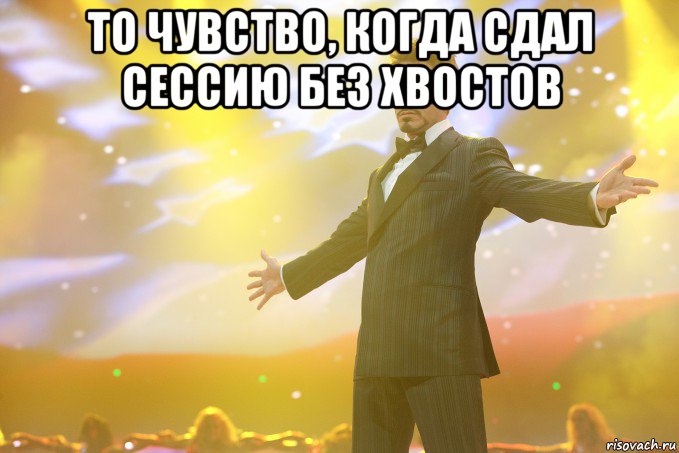 то чувство, когда сдал сессию без хвостов , Мем Тони Старк (Роберт Дауни младший)