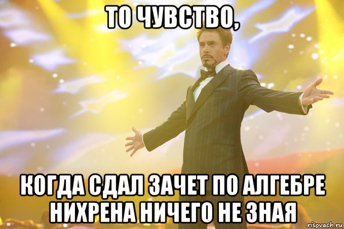 то чувство, когда сдал зачет по алгебре нихрена ничего не зная, Мем Тони Старк (Роберт Дауни младший)