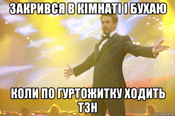 закрився в кімнаті і бухаю коли по гуртожитку ходить тзн, Мем Тони Старк (Роберт Дауни младший)