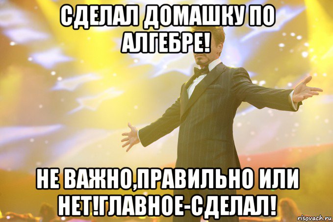 сделал домашку по алгебре! не важно,правильно или нет!главное-сделал!, Мем Тони Старк (Роберт Дауни младший)