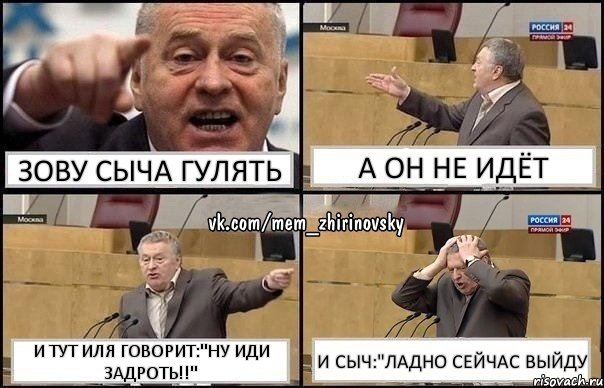 зову сыча гулять а он не идёт и тут иля говорит:"Ну иди задроть!!" И сыч:"Ладно сейчас выйду, Комикс Жирик