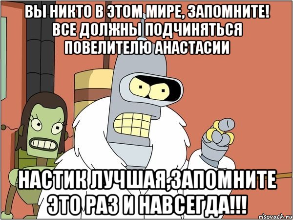 вы никто в этом мире, запомните! все должны подчиняться повелителю анастасии настик лучшая,запомните это раз и навсегда!!!, Мем Бендер