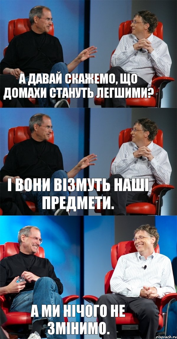 А давай скажемо, що домахи стануть легшими? І вони візмуть наші предмети. А ми нічого не змінимо., Комикс Стив Джобс и Билл Гейтс (3 зоны)