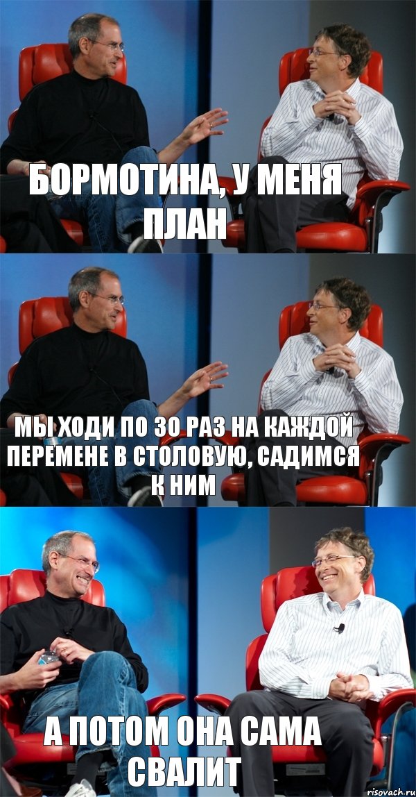 БОРМОТИНА, У МЕНЯ ПЛАН МЫ ХОДИ ПО ЗО РАЗ НА КАЖДОЙ ПЕРЕМЕНЕ В СТОЛОВУЮ, САДИМСЯ К НИМ А ПОТОМ ОНА САМА СВАЛИТ, Комикс Стив Джобс и Билл Гейтс (3 зоны)