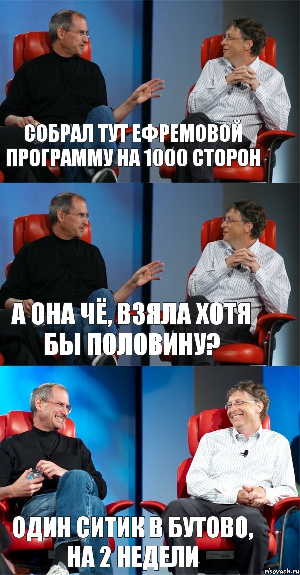 Собрал тут Ефремовой программу на 1000 сторон А она чё, взяла хотя бы половину? Один ситик в Бутово, на 2 недели, Комикс Стив Джобс и Билл Гейтс (3 зоны)