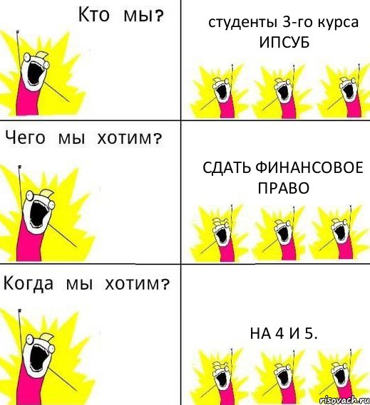 студенты 3-го курса ИПСУБ сдать финансовое право на 4 и 5., Комикс Что мы хотим