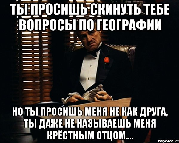 ты просишь скинуть тебе вопросы по географии но ты просишь меня не как друга, ты даже не называешь меня крёстным отцом...., Мем Дон Вито Корлеоне