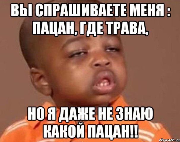 вы спрашиваете меня : пацан, где трава, но я даже не знаю какой пацан!!, Мем  Какой пацан (негритенок)