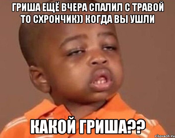 гриша ещё вчера спалил с травой то схрончик)) когда вы ушли какой гриша??, Мем  Какой пацан (негритенок)