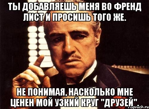 ты добавляешь меня во френд лист и просишь того же. не понимая, насколько мне ценен мой узкий круг "друзей"., Мем крестный отец