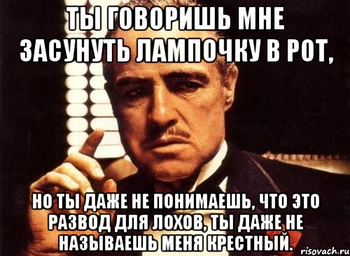 ты говоришь мне засунуть лампочку в рот, но ты даже не понимаешь, что это развод для лохов, ты даже не называешь меня крестный., Мем крестный отец