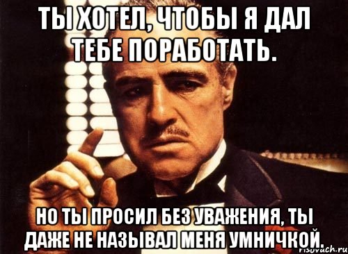 ты хотел, чтобы я дал тебе поработать. но ты просил без уважения, ты даже не называл меня умничкой., Мем крестный отец