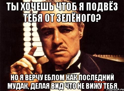 ты хочешь чтоб я подвёз тебя от зелёного? но я верчу еблом как последний мудак, делая вид что не вижу тебя, Мем крестный отец