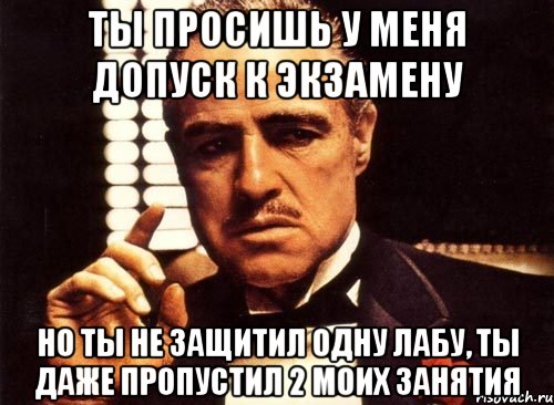 ты просишь у меня допуск к экзамену но ты не защитил одну лабу, ты даже пропустил 2 моих занятия, Мем крестный отец