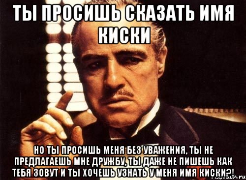 ты просишь сказать имя киски но ты просишь меня без уважения, ты не предлагаешь мне дружбу, ты даже не пишешь как тебя зовут и ты хочешь узнать у меня имя киски?!, Мем крестный отец